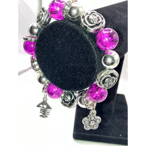 Purple Crystals Silver-Tone Beaded Charm Bracelet! - Picture 3 of 7
